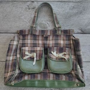 Vintage Gap Plaid Tweed and Green Leather Shoulder Bag
